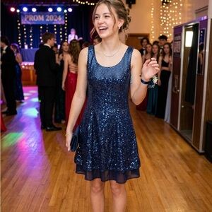 579 Navy Sequin A-Line Party Dress with Chiffon Layer